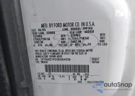 2003 Ford F-250 Lariat/Xl/Xlt from USA, damaged, VIN 1FTNX21P33ED64526